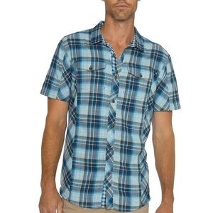 🐠PrAna Zoltan organic cotton Short Sleeve Camp Shirt Men medium blue plaid